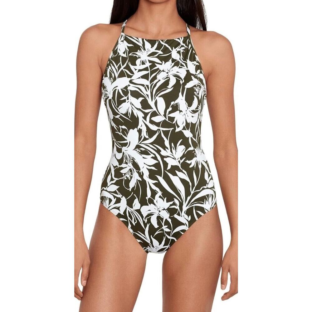 Lauren Ralph Lauren Floral Print One Piece Swimsuit - Olive and White